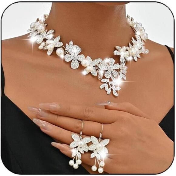 Crystal Flower Bridal Jewelry Set Rhinestone Necklace Earrings Sets Pearls - Picture 1 of 8